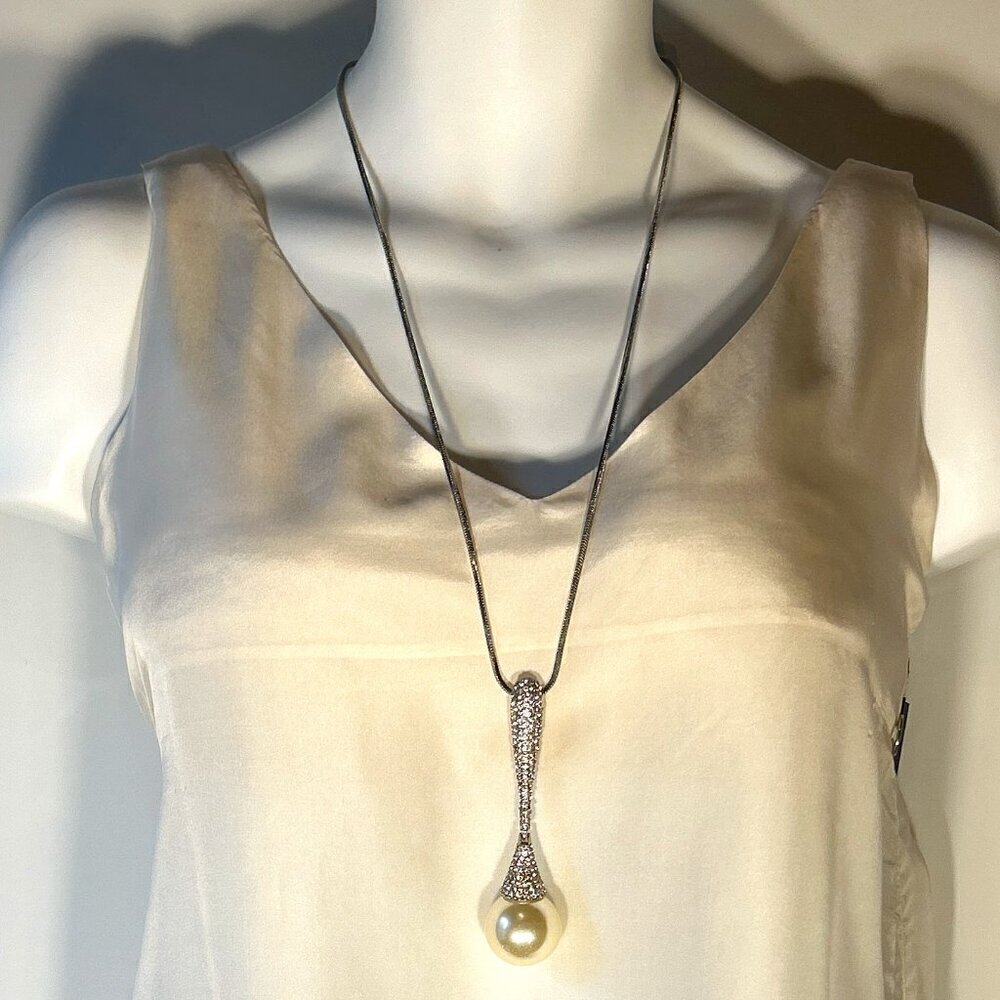 Jules Pearl & Rhinestone Drop Pendant Necklace Silver Dressy Formal Art Deco